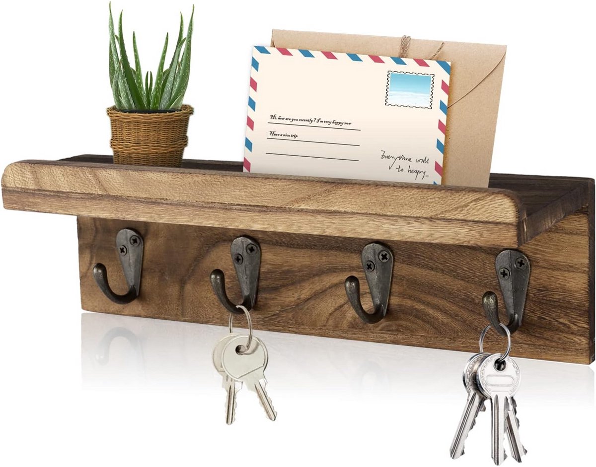 Rustieke Sleutelhouder voor Muur - Houten Wandrek met 4 Haken en Brievenorganizer