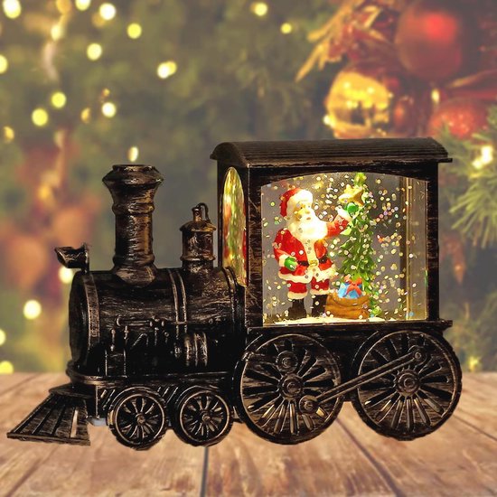 Snowglobe glitter lantaarn - trein - 23,5 cm - licht en muziek