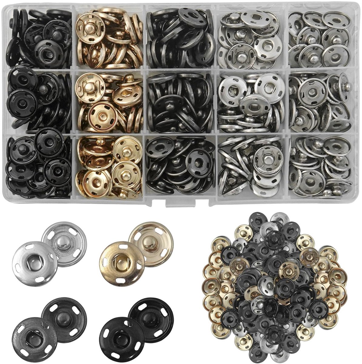 IMPERATORIS® Metalen Drukknoppen Set – Zwaar Uitgevoerde Drukknopen met Setterbasis en Holle Pons – Metalen Knopen voor Kleding, Leer, Jassen, Jeans en Handtassen – Niet Naaien – 15 mm – 150 stuks – Zwarte, gold, zilver