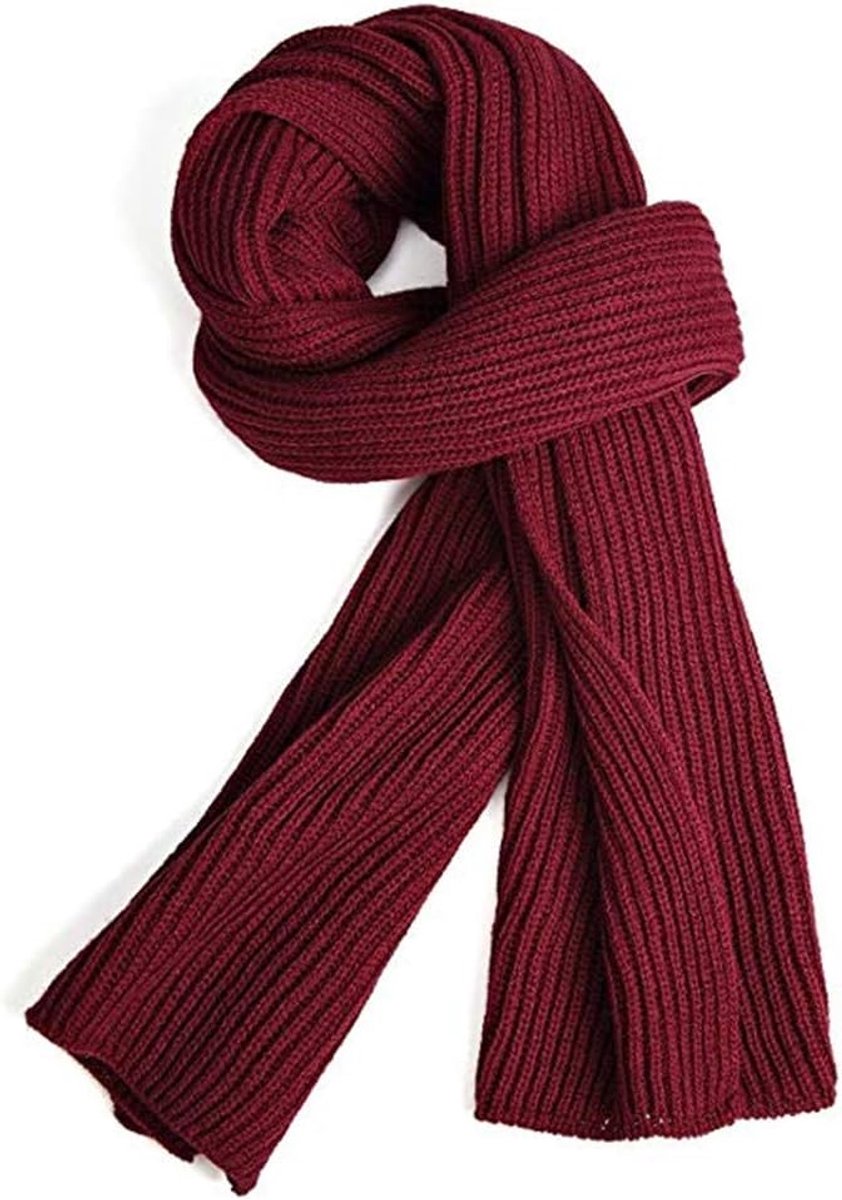 MDUG Unisex gebreide sjaal in effen kleur - 185 x 30 cm - Bordeaux - Warme wintersjaal - Klassieke gebreide sjaal - Stijlvol en warm - Geschikt voor herfst en winter