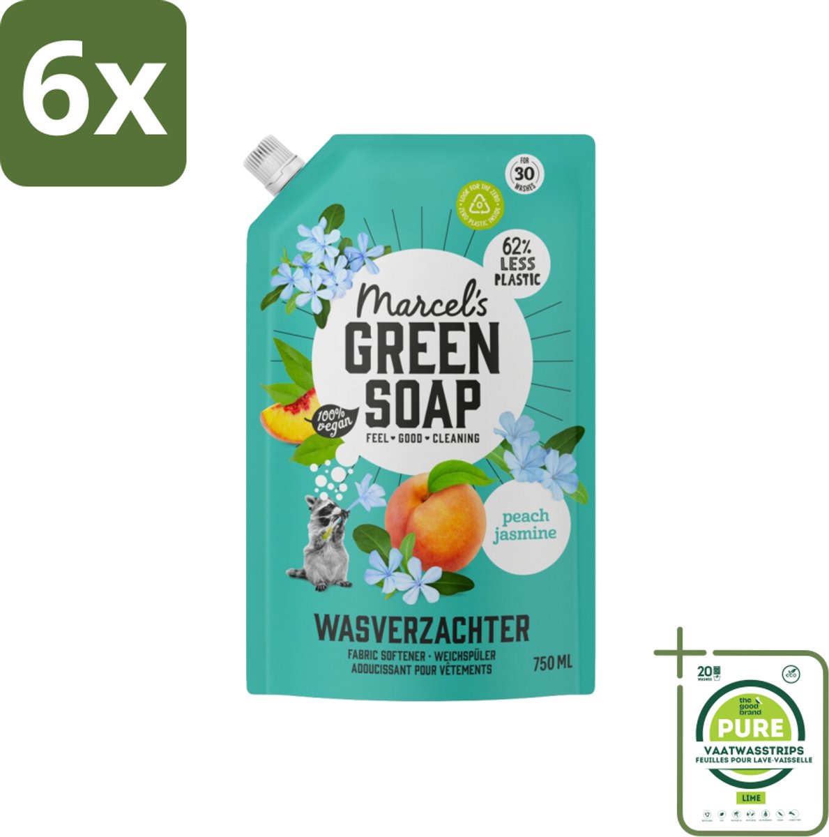 Marcel’s Green Soap – Wasverzachter – Peach & Jasmine Navulling – 750 ml - Voordeelverpakking - 6 stuks - Wasverzachter - Wasverzachter navulling
