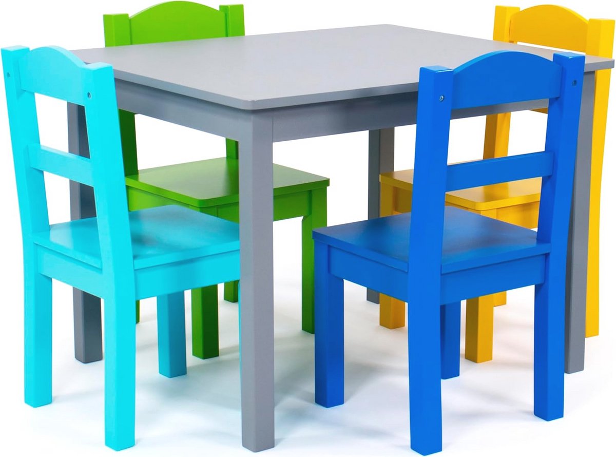 Kindertafel met 4 Stoelen voor Kinderen - Houten Meubilair in Grijs/Blauw/Groen/Geel (66x52x49 cm)