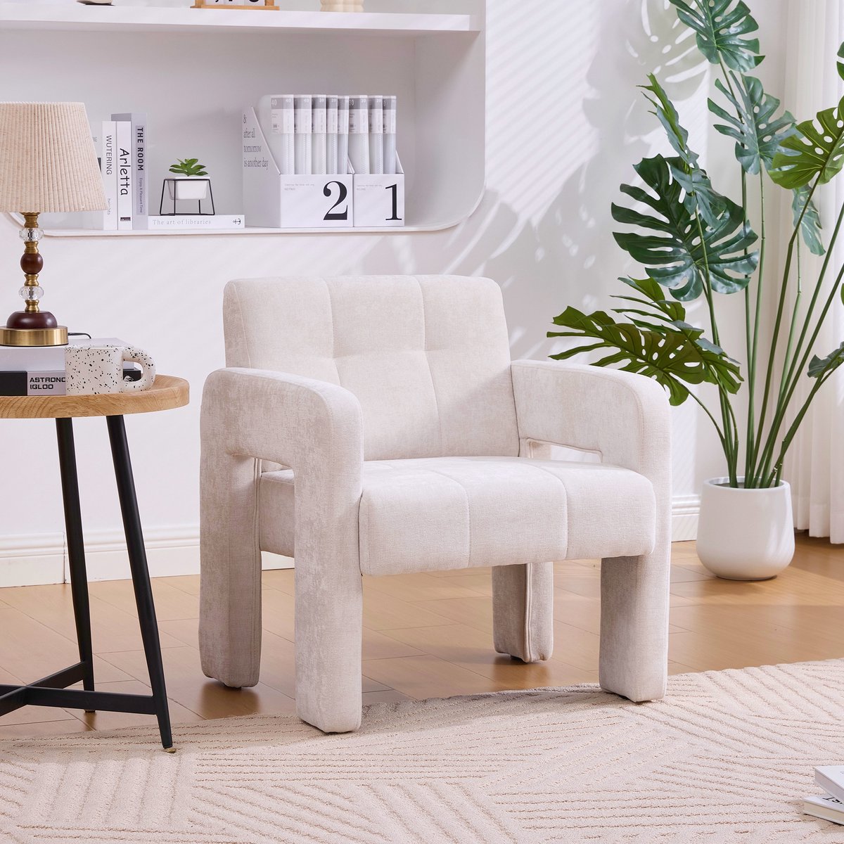 PHOEBE CAT Fauteuil - Chenille stof - Minimalistische stijl - Gestoffeerde stoel - Beige