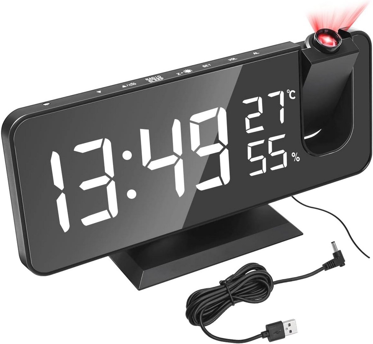 Projectiewekker met LED-display en USB-oplaadpoort voor slaapkamer