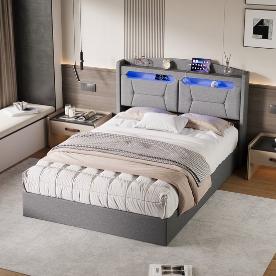 SHOPENTRA Tweepersoonsbed 140x200 cm Lichtgrijs met LED-hoofdbord - SHOPENTRA - €219,99