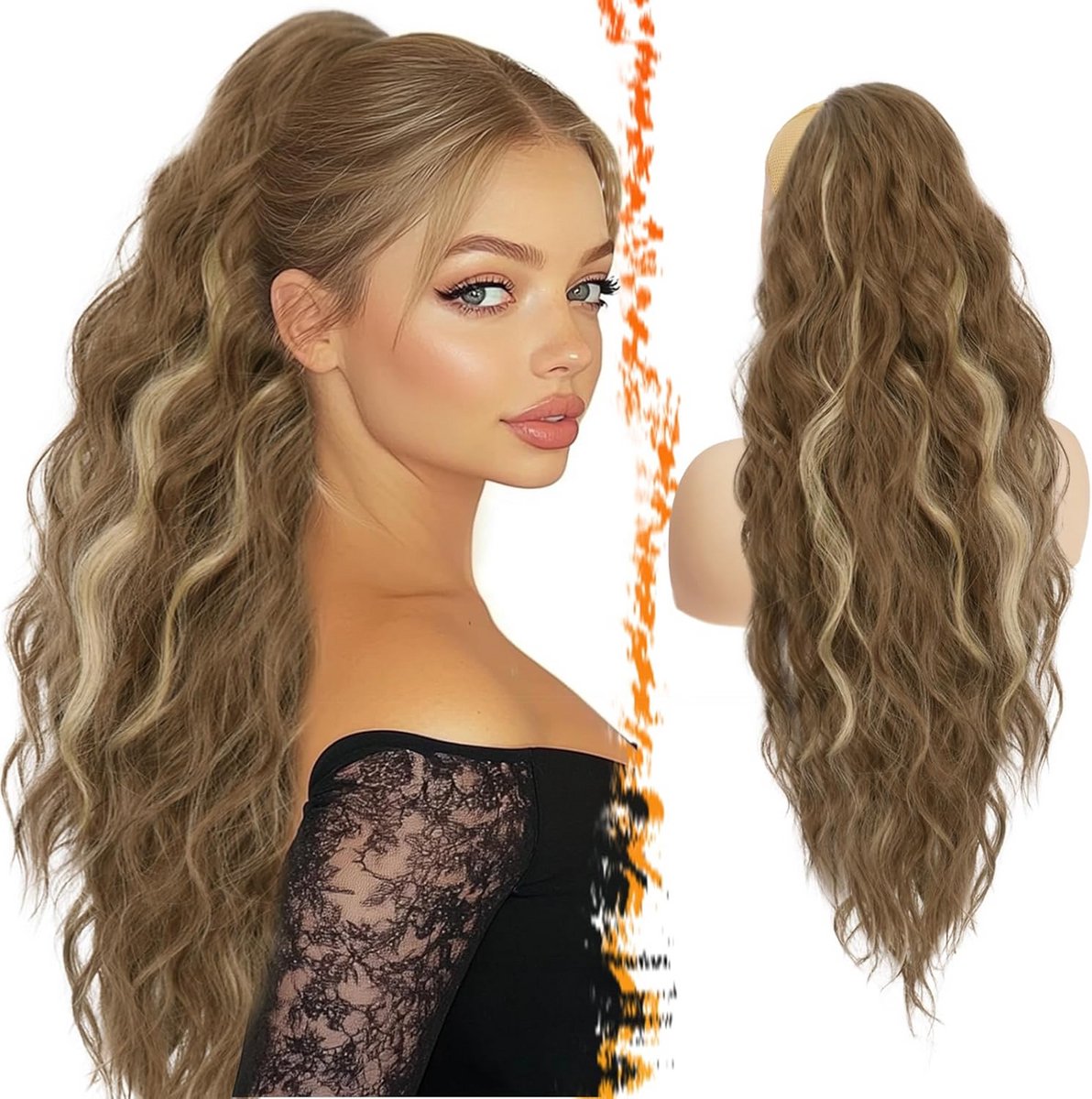 Lange, Golvende Paardenstaart Haarverlenging met Trekkoord - Asbruin & Blond Highlights