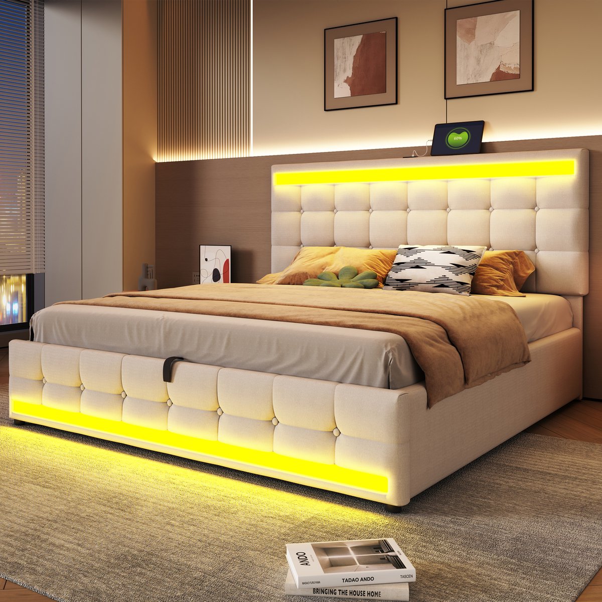 MODFU Bedframe 180x200 cm, gestoffeerd beige met RGB LED-lichtstrepen, verstelbaar hoofdeinde en USB