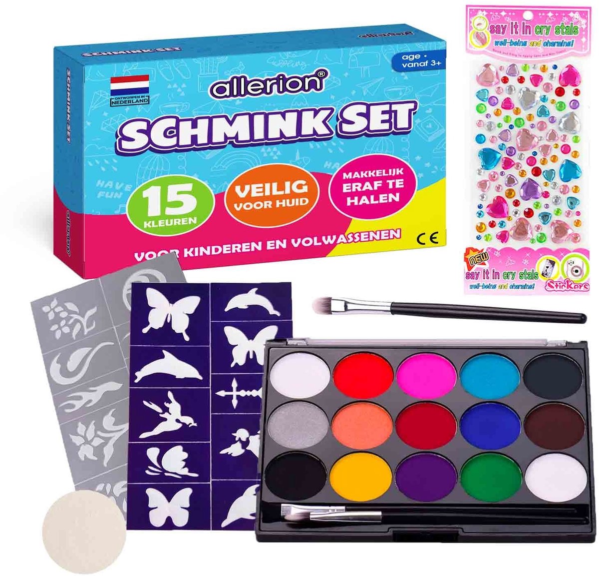 Allerion Schmink Set Medium – Halloween en Carnaval – Voor Kinderen – Op Waterbasis - Met Sjabloon en Accessoires