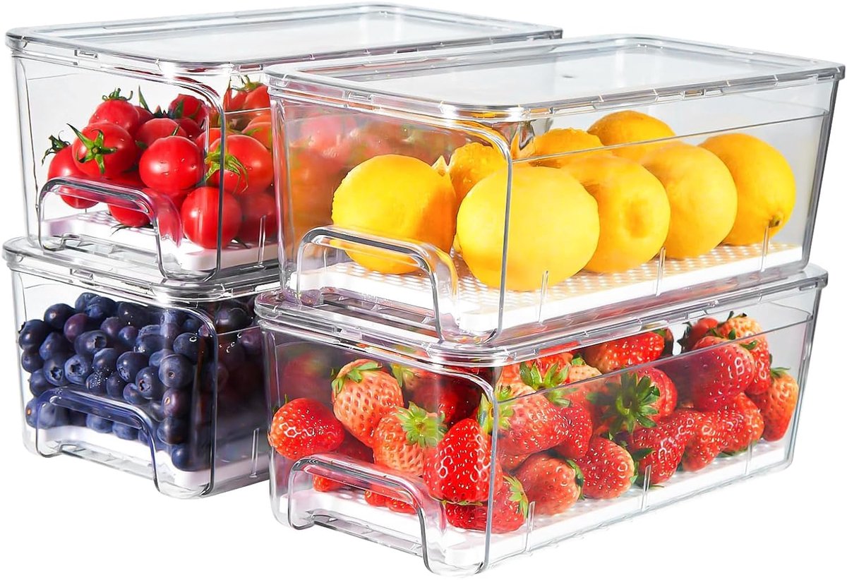 Unyqoos® Set van vier stapelbare opbergboxen met deksel voor koelkast en keuken