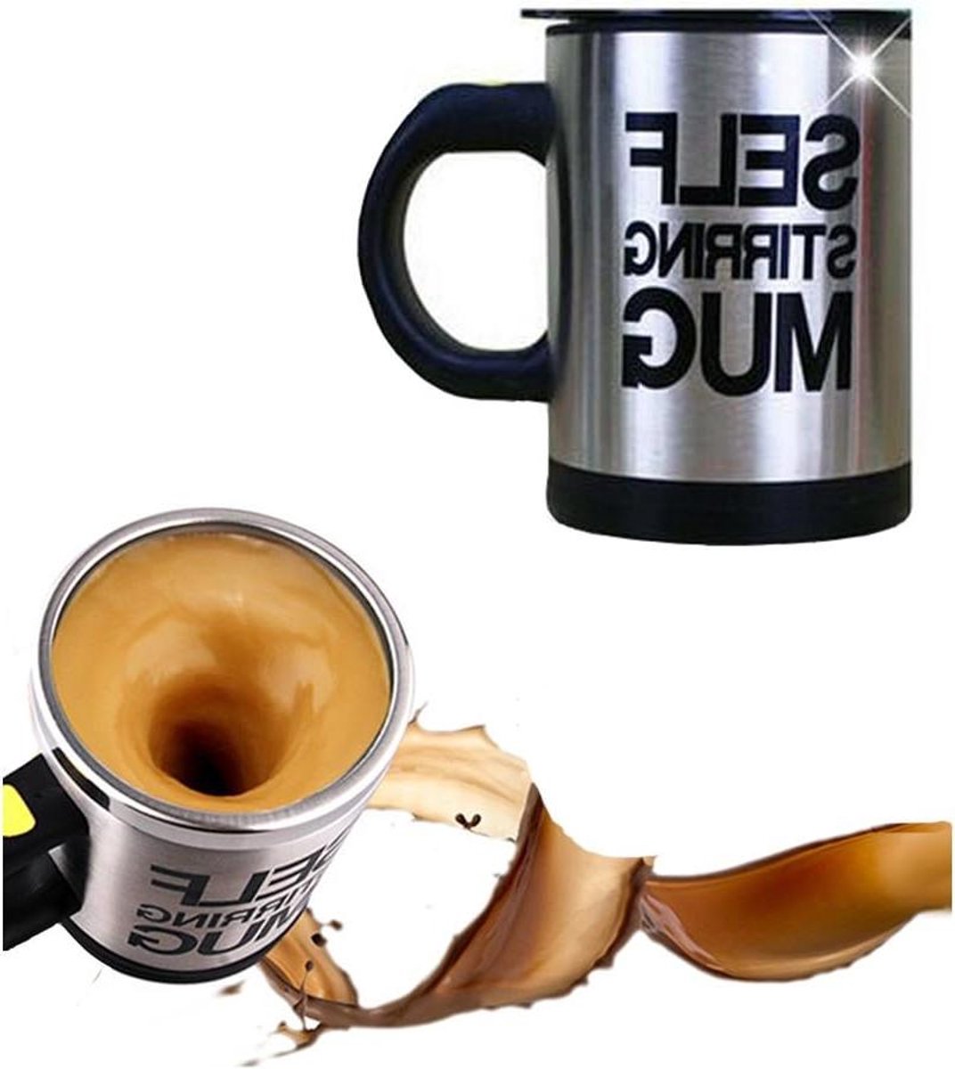 Allecta - Zelfroerende Mok van Roestvrijstaal 400 ml - Zwart - Handig voor Koffie en Thee - Modern Design.