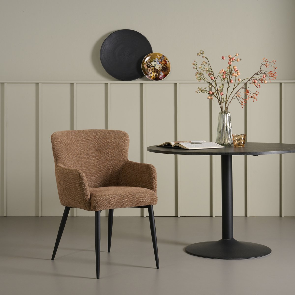 Eetkamerstoel Alba - Textiel / Metaal - Bruin / Zwart - 58x87x65 cm (BxHxD) - Kleur Hazel - Stoel Met Armleuning