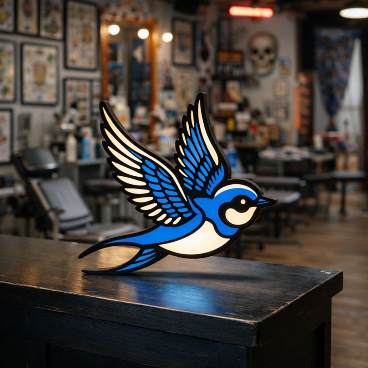 Tattoo Lightbox Bluebird Swallow – LED Wandlamp met Tattoo Zwaluwoverzicht – Origineel Cad