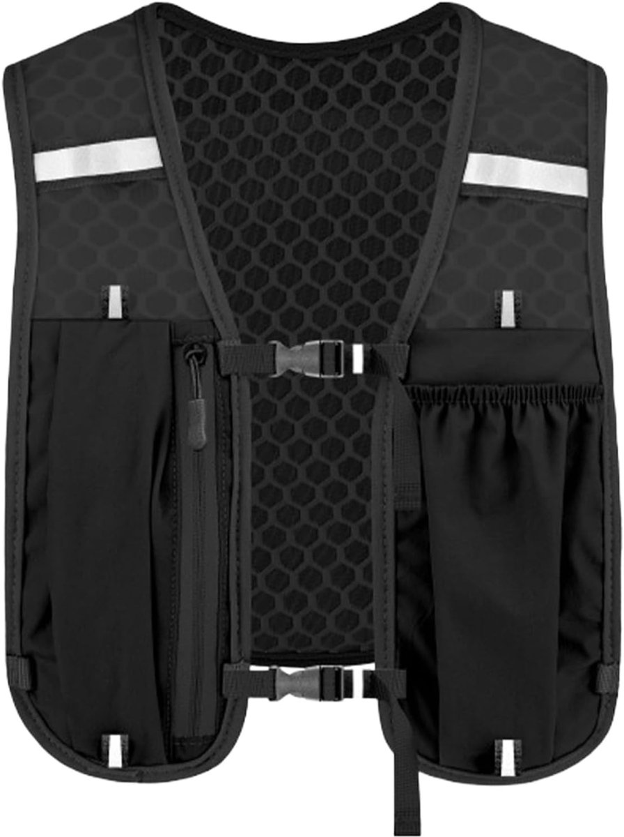 MDUG Unisex hardloopvest - Reflecterende strepen - Zwart - One size fits all - Lichtgewicht en ademend - Inclusief telefoonvak en verstelbare opbergruimte - Geschikt voor trailrunning wandelen marathons en fietsen