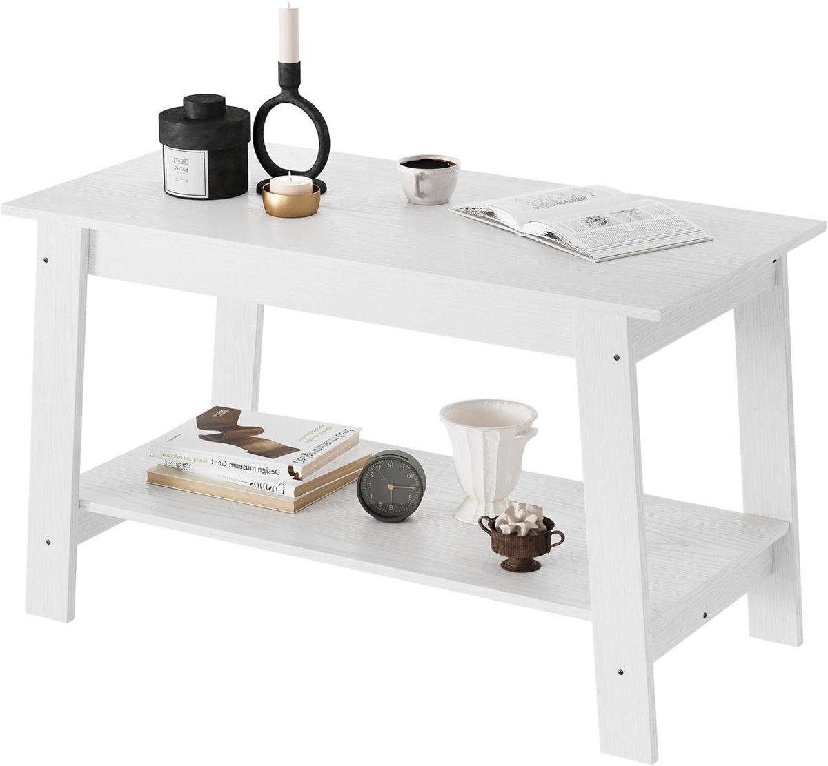 Salontafel rechthoekig - 80 x 39 x 48 cm - Houten landelijke/modern farmhouse koffietafel met opbergplank, kras- & waterbestendig, voor woonkamer & kleine ruimtes, wit