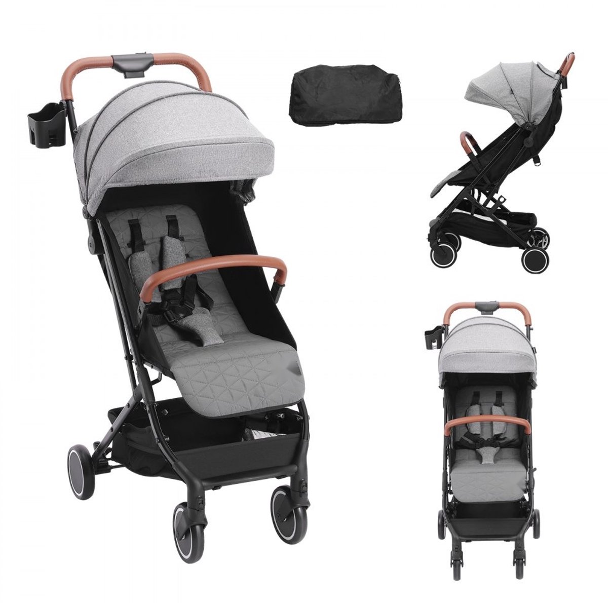 Kinderwagen - Buggy - Verstelbare Rugleuning 95°-175° - Verstelbare Voetensteun 0-90° - 1-Klik Opvouwbaar - Inclusief Bekerhouder - Inclusief Draagtas - Donkergrijs