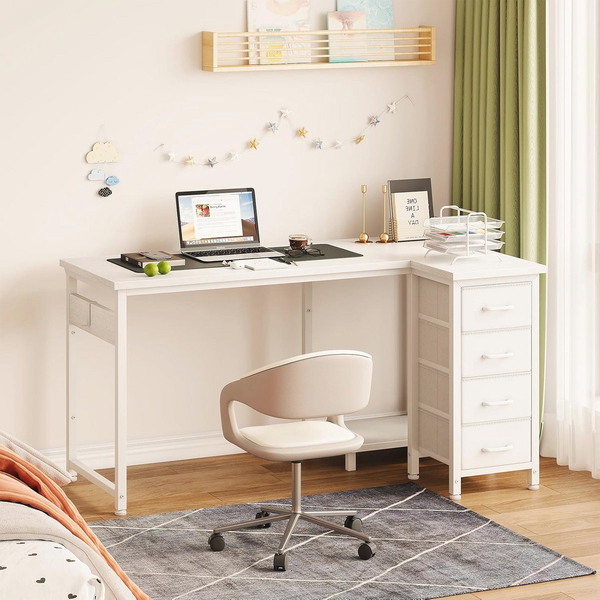 Hoekbureau L-vormig met 4 lades, Omkeerbaar computermeubel voor kantoor of slaapkamer