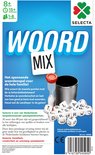 Achterkant doos "WOORD MIX" met spelbeschrijving, zandloper, dobbelstenen en barcode. Vanaf 8 jaar.