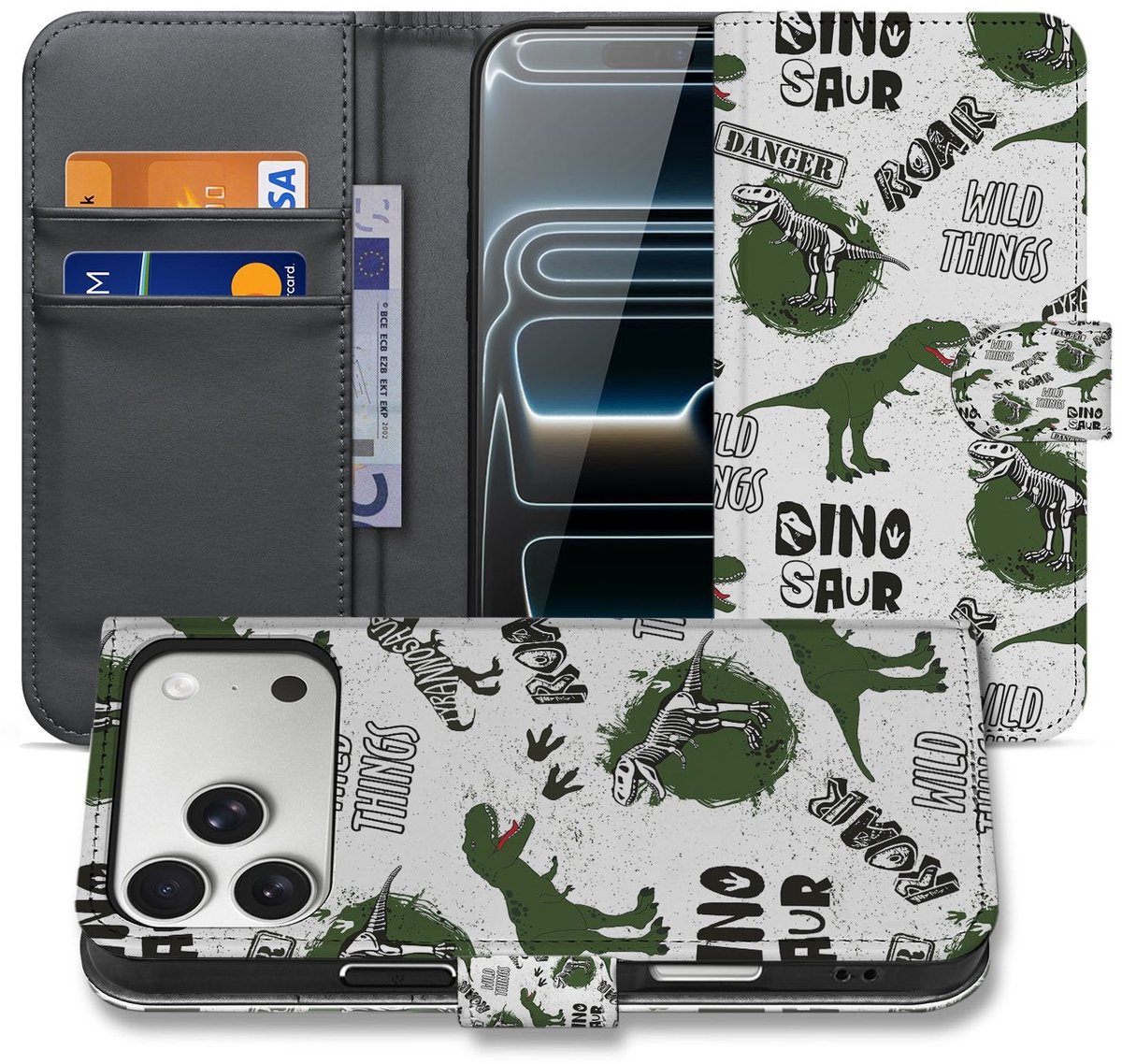 Apple iPhone 17 Pro Max Portemonnee Hoesje Met Pasjes Dino Print PU Leer