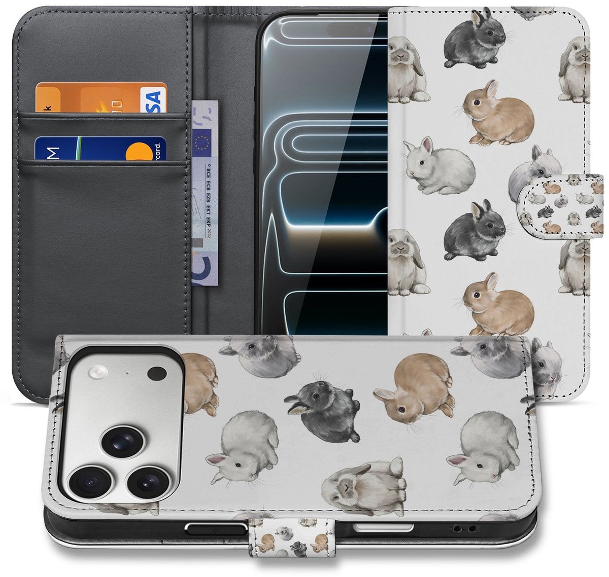 Telefoonhoesje Met Pasjes Voor Apple iPhone 17 Pro Max PU Leer Konijntjes