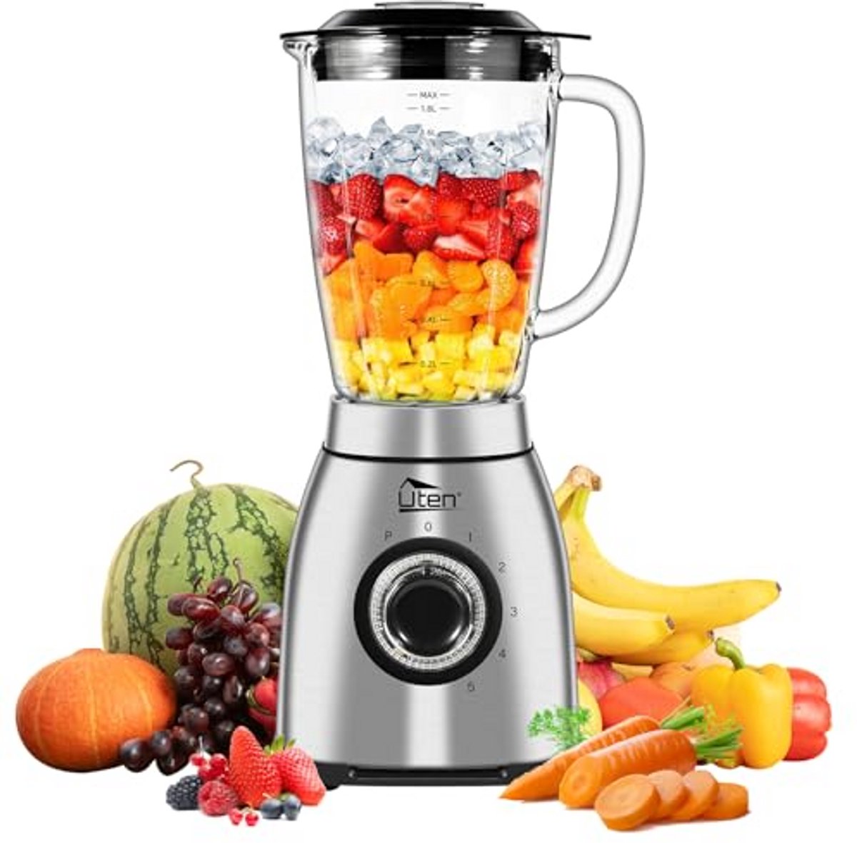 Elektrische Blender 2L met 1800W, 5 Snelheden en Glazen Mengkom voor Milkshakes en Koffiemalen