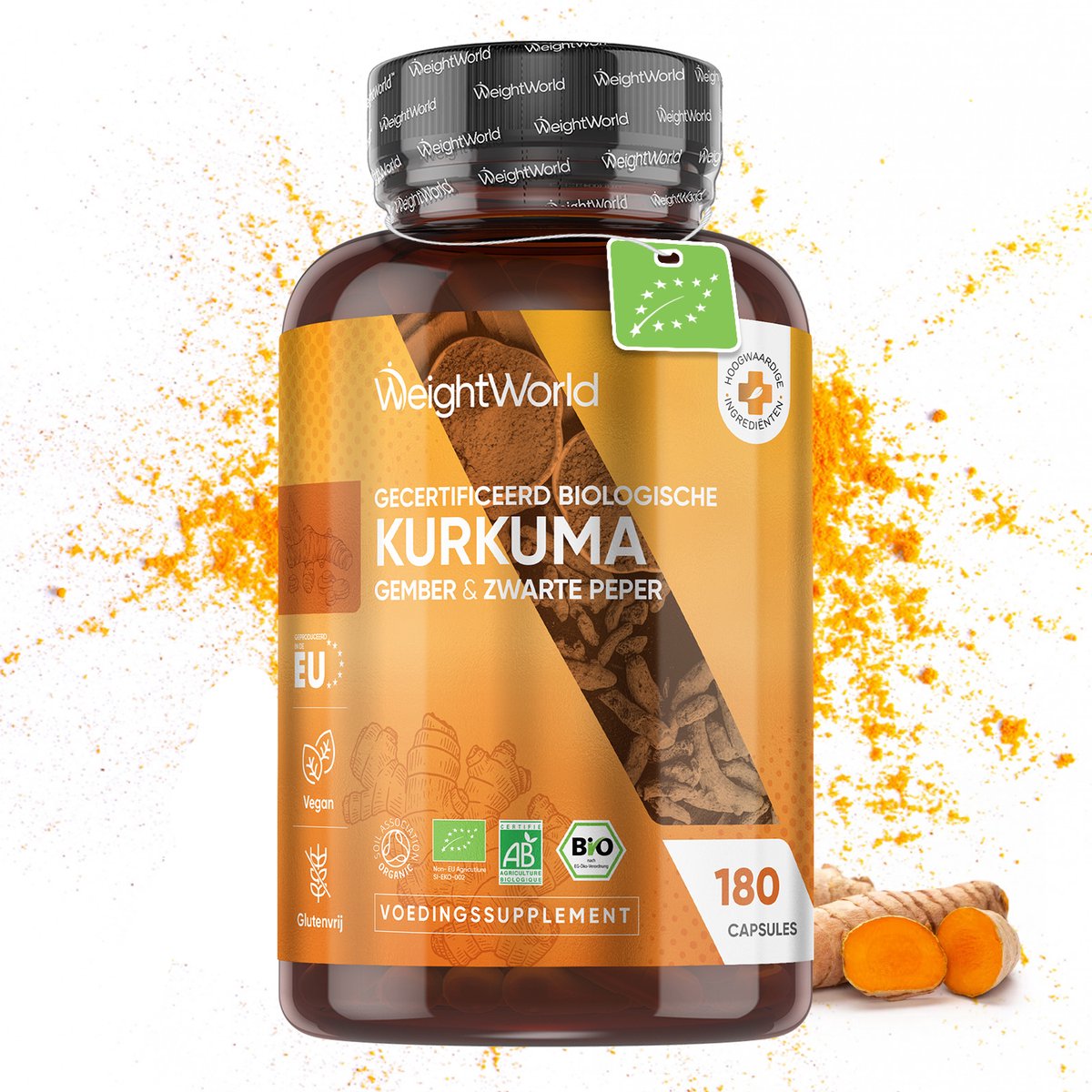 WeightWorld Biologische Kurkuma capsules - 1520 mg - Met zwarte peper en gember - 180 vegan capsules voor 3 maanden voorraad
