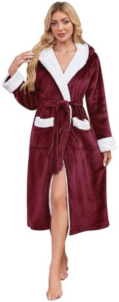Dames flanellen ochtendjas met capuchon – Lange pluche fleece badjas – Warme winterbadjas voor vrouwen – Zachte loungewear