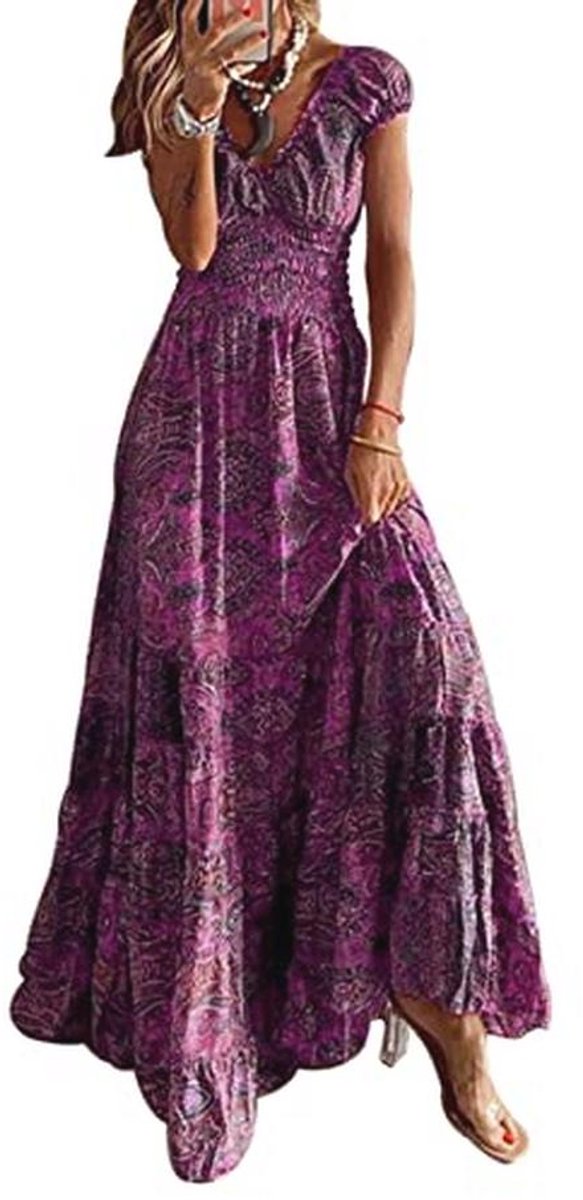 Boho Zomerjurk V-Hals Korte Mouwen - Lange Casual Maxi Jurken Met Bloemenprint
