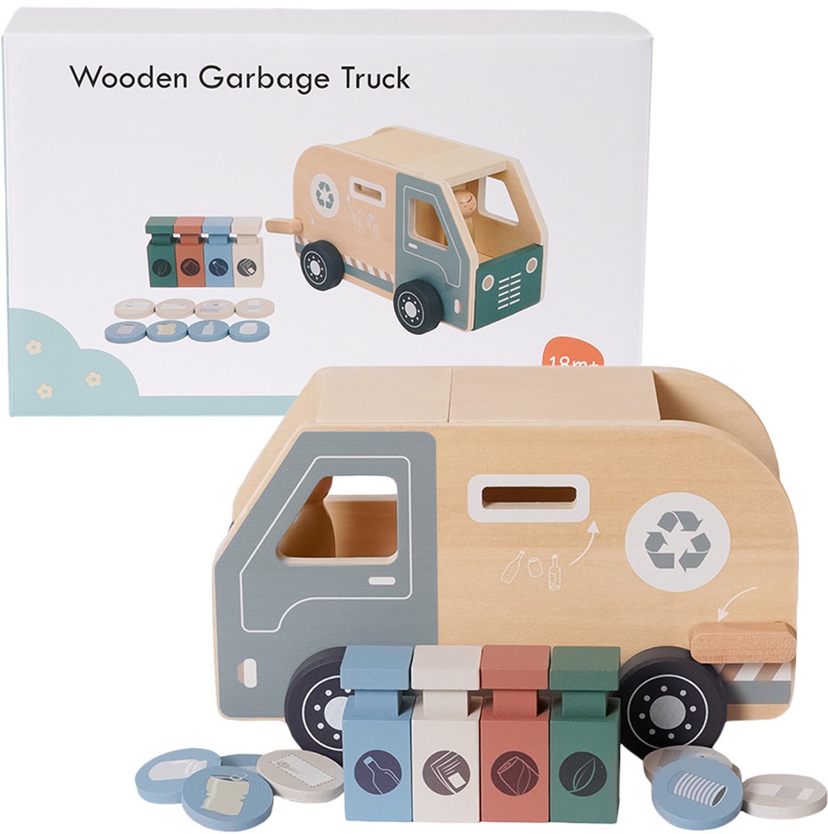 Speelgoedtopdeals - Houten Vuilniswagen Speelset – 14-delig - Educatief Speelgoed