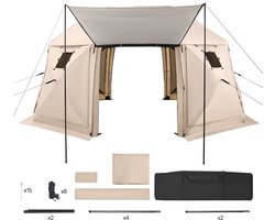 Pop-Up Gazebo Schermtent, 4.57 x 4.57 m, 13-Zijdige Dome Kampeer Canopytent Met Losneembare Dak & Draagzak, Eenvoudige Opbouw & Insectbestendig, Gedeckte Zonnescherm voor 12-15 Personen, Beige