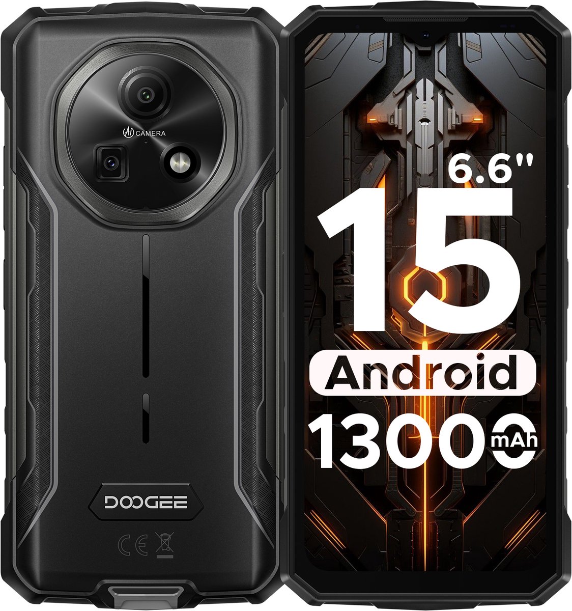 DOOGEE Fire 5 4G - Robuuste Smartphone - Robuuste Telefoon - Android 15 - 12 GB RAM / 64 GB ROM (TF 2 TB) - 6,6-inch HD+90 Hz - 13000 mAh - 13 MP +8 MP camera - Face ID - NFC - OTG - GPS - Grijs