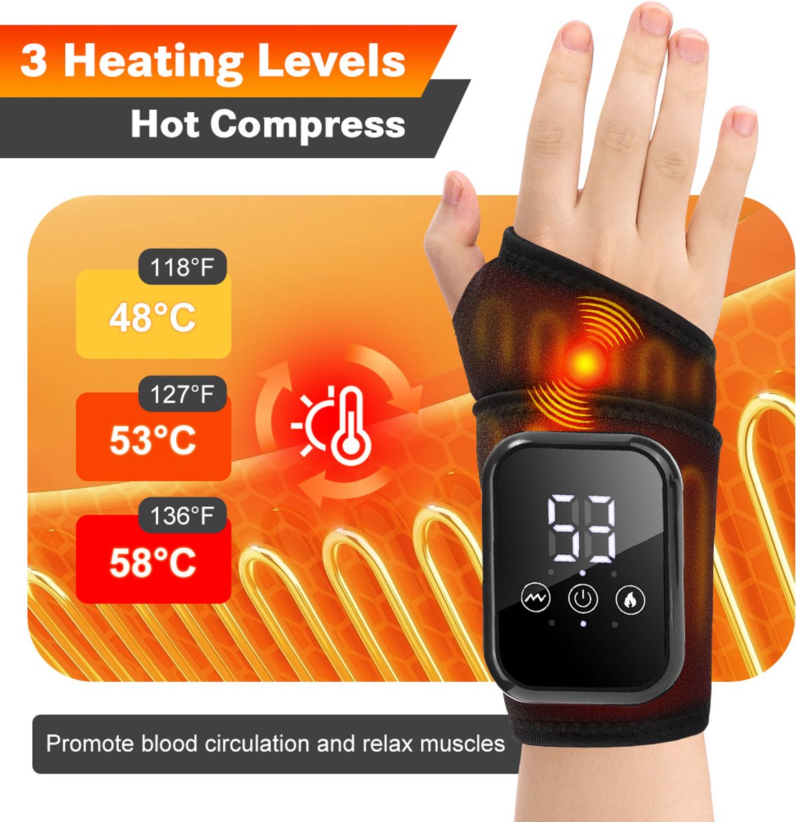 Elektrische verwarmingsarmband, warmtetherapie, polsband met verwarming en vibratie, handmassage-apparaat, handgewrichtsmassage-apparaat, trillende en verwarmende pols (zwart). thumbnail 2