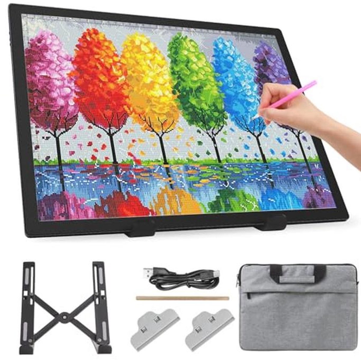 Lichtbak A3 met tas/standaard, oplaadbare LED lichtpad, dimbaar in 3 kleuren en 6 helderheidsinstellingen voor diamant schilderen, tekenen, schetsen en tattoo's
