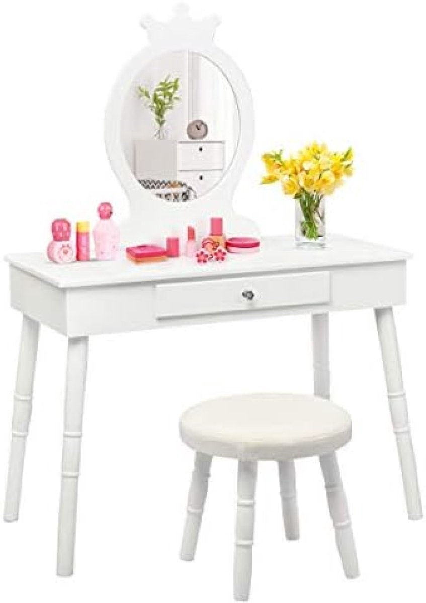 Prinsessen Kaptafel en Stoel Set voor Meisjes - Met Spiegel en Lade - Wit