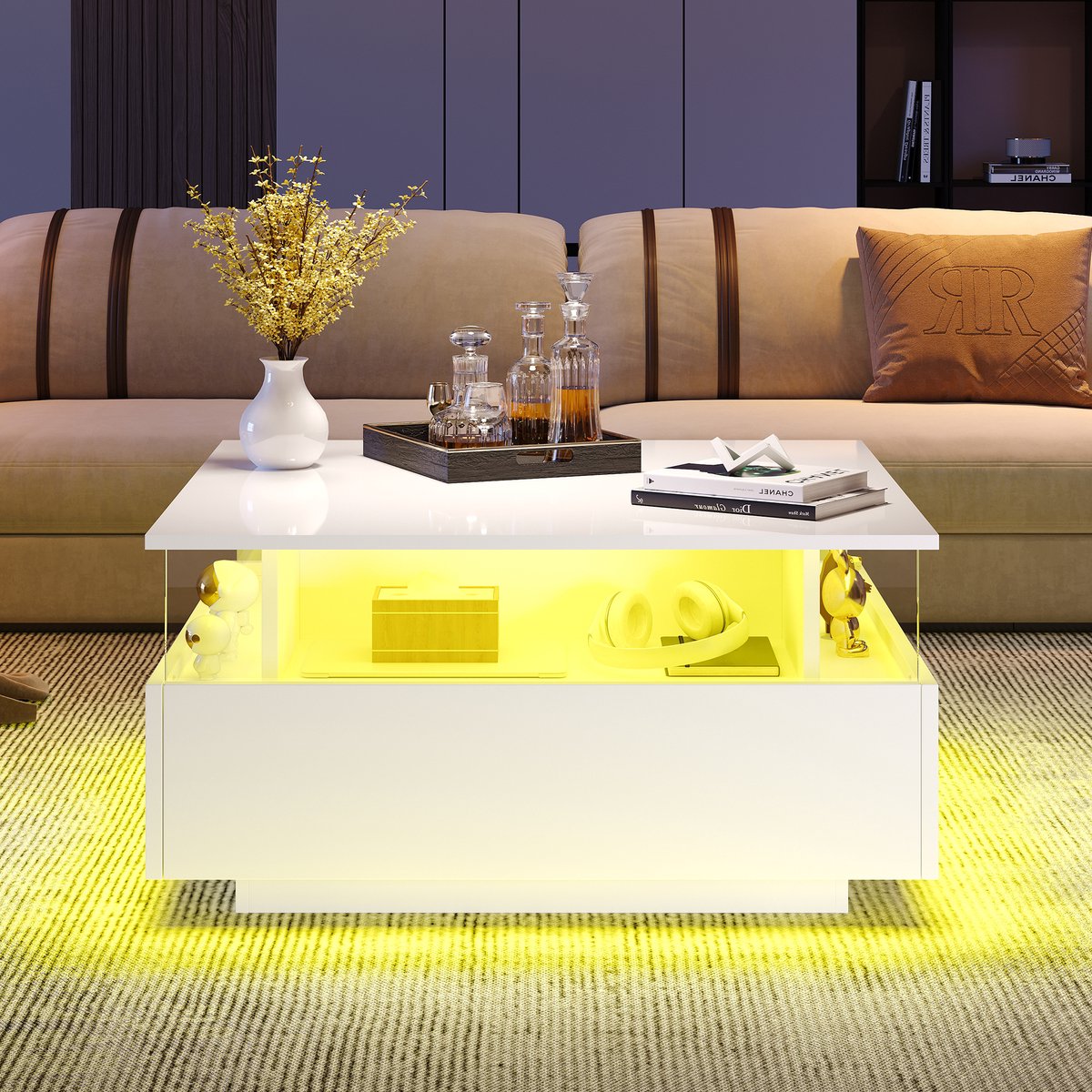 MODFU Moderne hoogglans LED salontafel 70x70x41 cm met 2 lades en glazen displayvak – draagkracht tot 30 kg Wit