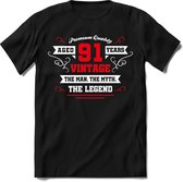 91 Jaar Legend - Feest kado T-Shirt Heren / Dames - Wit / Rood - Perfect Verjaardag Cadeau Shirt - grappige Spreuken, Zinnen en Teksten. Maat XL
