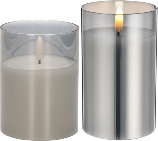Set van 2x luxe led kaarsen in grijs glas 10 en 12.5 cm met timer op batterijen