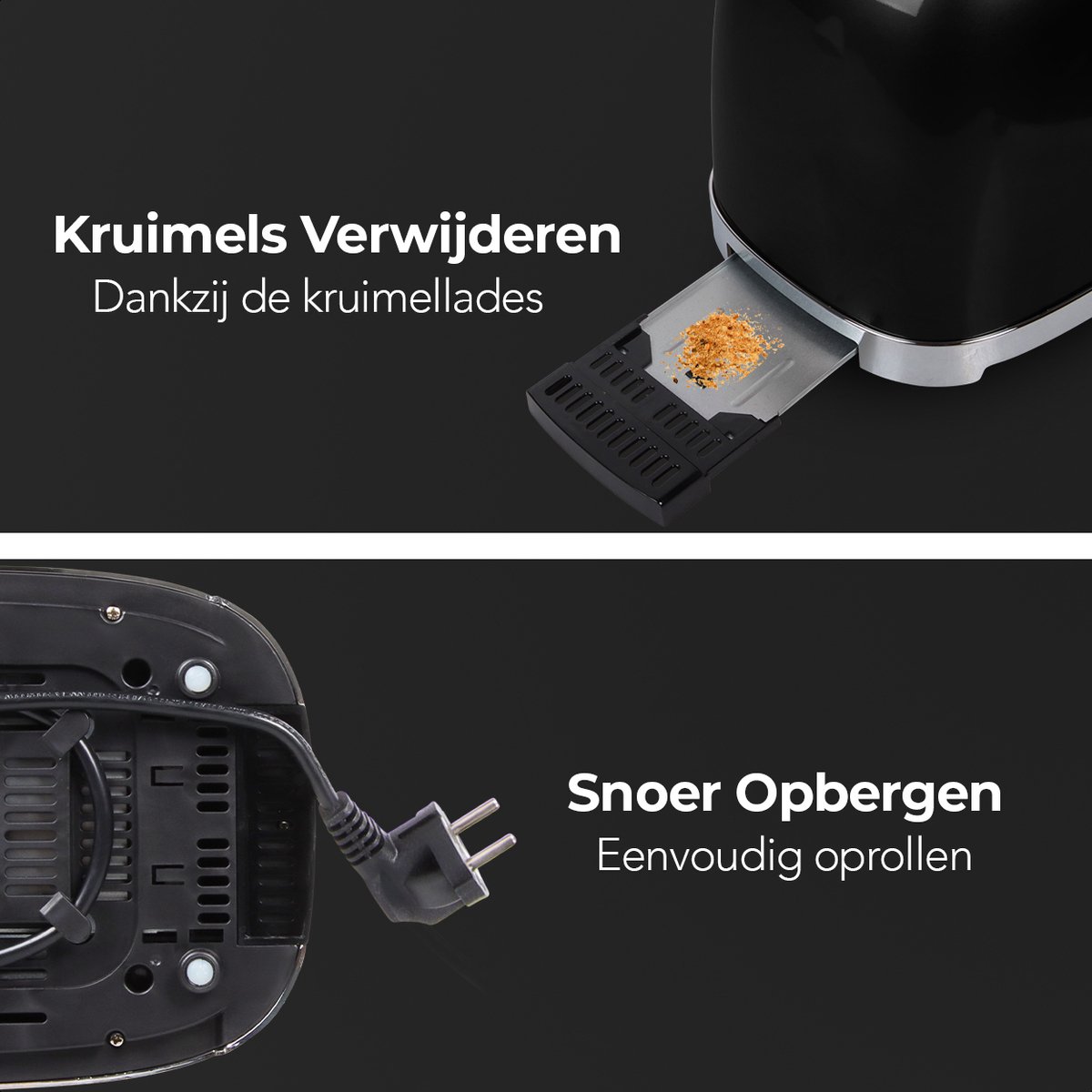 KitchenBrothers Retro Broodrooster - Toaster - 6 Warmteniveaus - 2 Extra Brede Sleuven - BPA-vrij - 815W - Zwart thumbnail 6