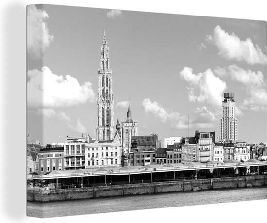Canvas Schilderij Antwerpen rivierfront - zwart wit - 30x20 cm - Wanddecoratie