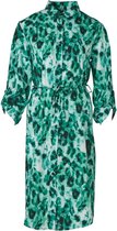 Dames jurk 3/4 mouwen met kraag, knopen, strik-ceintuur  met zwart/wit/groenenprint | Maat L