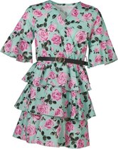 Meisjes laagjes bloemenprint jurk 3/4 mouwen met riem - pastel groen | Maat 152/ 12Y