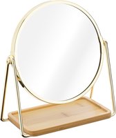 Miroir cosmétique Navaris avec plateau à bijoux - Miroir de table avec rangement pour bijoux - Miroir cosmétique sur pied avec grossissement 2x - Couleur or