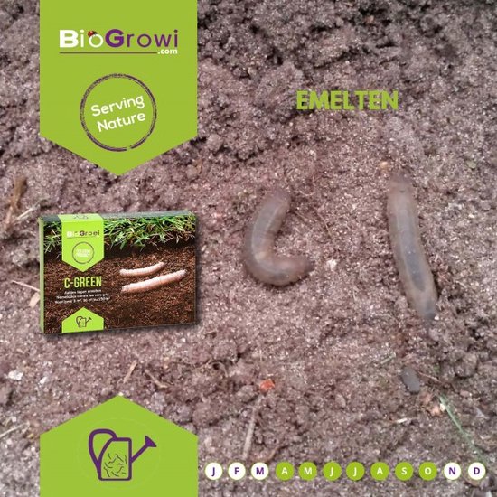 Twee emelten in de aarde, naast een verpakking van "C-GREEN". Met de tekst "EMELTEN".