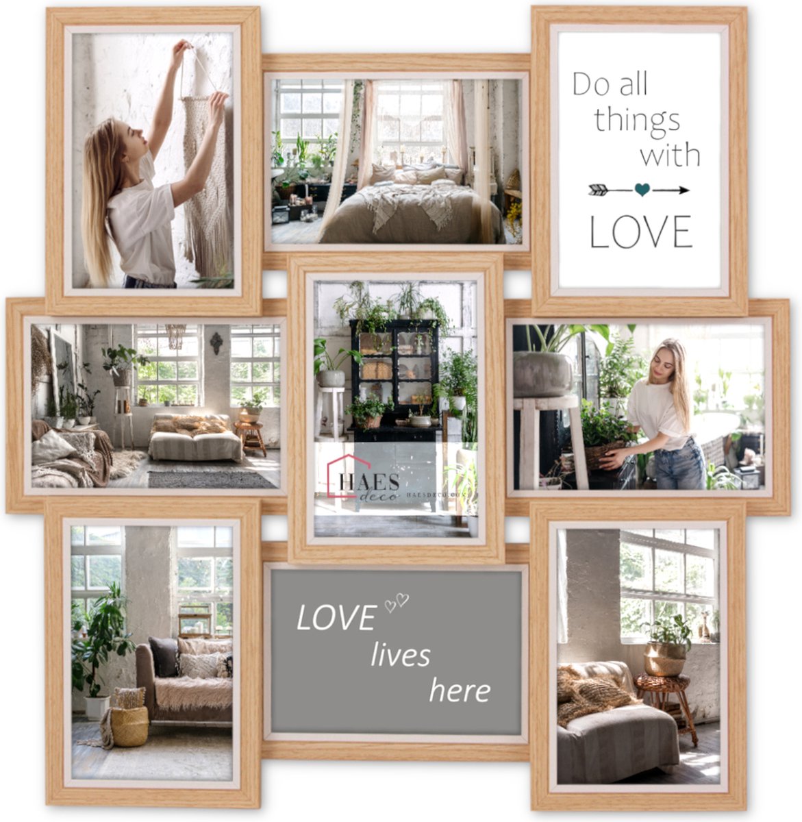 HAES DECO - Houten Multi Fotolijst Fevik in bruin met wit voor 9 foto's 10x15 (formaat 45x45 cm) - MP128