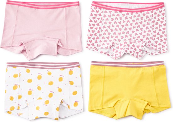 Little Label Ondergoed Meisjes - Onderbroeken Meisjes Maat 158-164 - roze, geel - Zachte BIO Katoen - 4 Stuks - Model Shorts - Hartjes