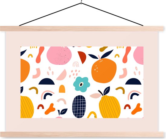 Posterhanger incl. Poster - Schoolplaat - Bloemen - Fruit - Patronen - Pastel - Roze - 150x100 cm - Blanke latten
