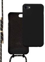 xoxo Wildhearts siliconen hoesje geschikt voor iPhone 7/8/SE (2020/2022) - Silicone Pretty Black & Gold Cord Case - telefoonhoesje met koord - telefoonkoord - zwart / goud