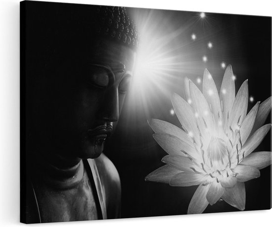 Artaza Canvas Schilderij Boeddha Beeld met Bloem - Zwart Wit - 120x80 - Groot - Foto Op Canvas - Wanddecoratie