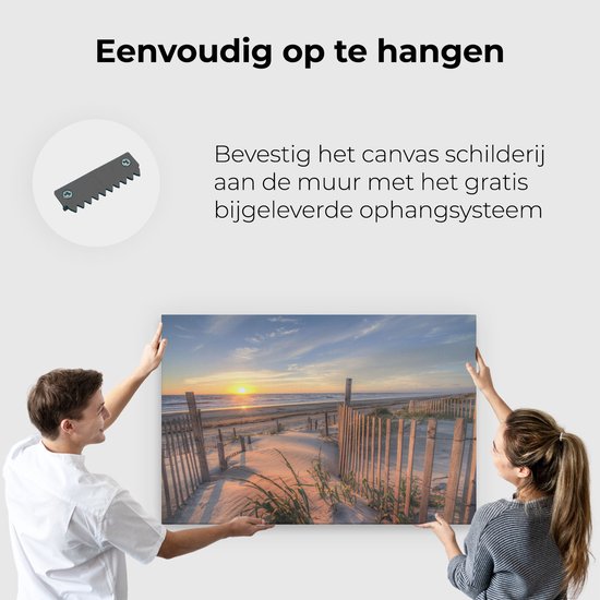 Artaza Canvas Schilderij Strand en Zee vanuit Duinen met Zonsondergang - 120x80 cm - Groot - Wanddecoratie Woonkamer - Schilderijen - Muurdecoratie