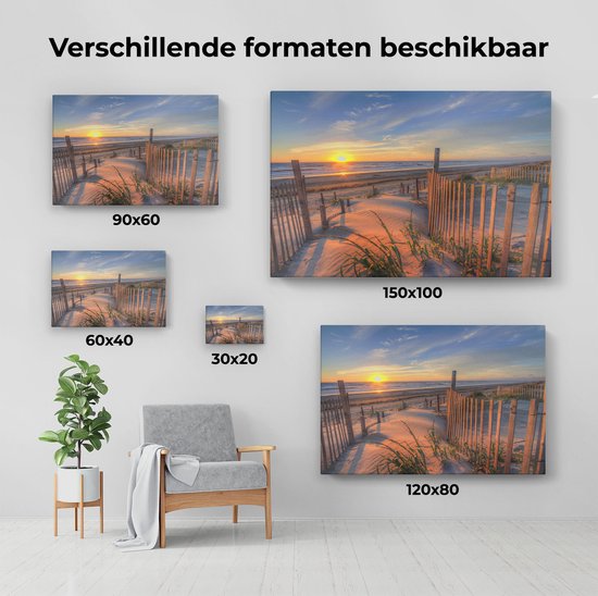 Artaza Canvas Schilderij Strand en Zee vanuit Duinen met Zonsondergang - 120x80 cm - Groot - Wanddecoratie Woonkamer - Schilderijen - Muurdecoratie