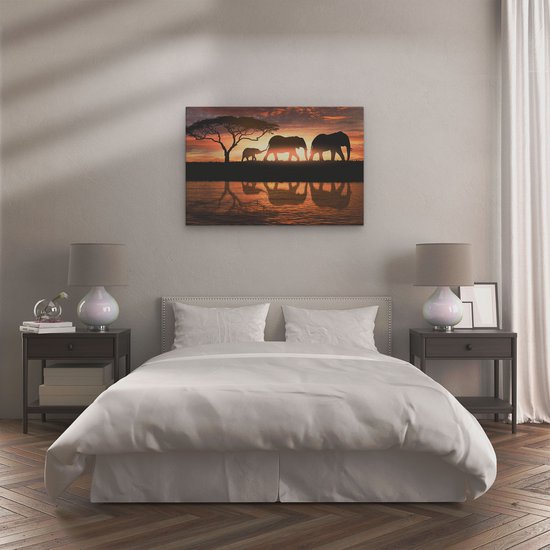 Artaza - Peinture sur toile - Famille d'éléphants dans la savane au coucher du soleil - 120x80 - Groot - Photo sur toile - Impression sur toile